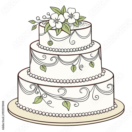 Three Tier Wedding Cake Floral Decoration Outline Illustration Transparent Background