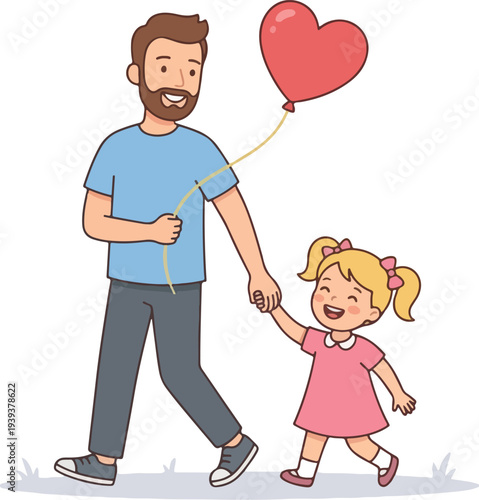 Happy Father and Little Daughter with Pigtails Walking Together, Holding Hands and a Red Heart Helium Balloon - Cute Family Bonding Cartoon Vector Illustration Isolated on White, 2026 Calendar Collect