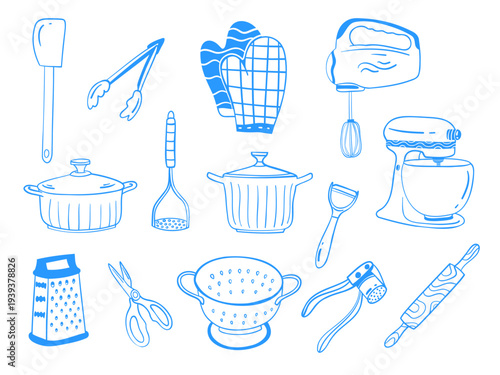 Kitchen tools for cooking and baking a large set of items. Vector hand-drawn linear drawing. Sketch illustration icon in Mediterranean blue line retro style