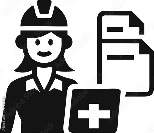 Professional female engineer in a hard hat presenting medical documents and health files