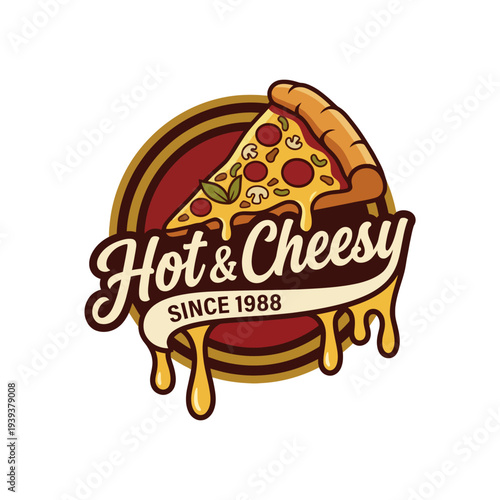 The image displays a mouthwatering logo of a pizza slice that is hot and cheesy, appealing to food lovers and representing a popular pizza brand established in 1988.