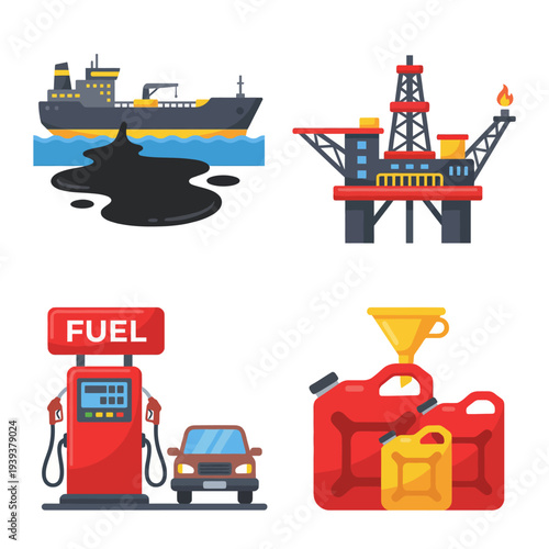 An illustration representing the oil industry, showcasing elements like a tanker, oil rig, fuel station, and jerry cans symbolizing energy resources and economics.