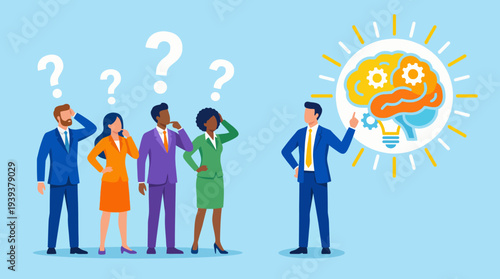The image illustrates a group of professionals looking puzzled while engaged in a problem-solving discussion, highlighting teamwork, creativity, and collaborative thinking.