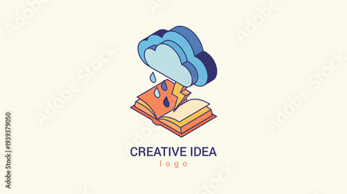 This imaginative logo features a cloud raining ideas on an open book, symbolizing creativity, inspiration, and the importance of nurturing innovative thoughts and learning.
