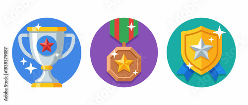 An eye-catching illustration featuring a trophy and medals showcasing achievements and awards, reflecting success and celebration in a vibrant and engaging design.