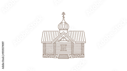 Line drawing of a traditional wooden russian orthodox church with a cross