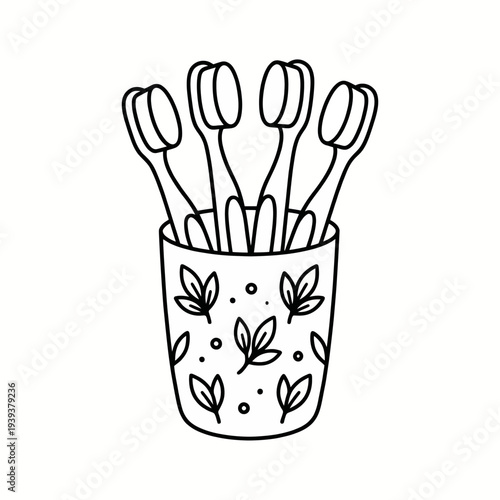 This hand-drawn image showcases a holder filled with colorful toothbrushes, symbolizing cleanliness, hygiene, and the importance of daily oral care routines.