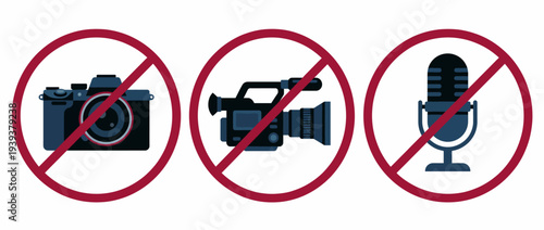 This image features icons signaling the prohibition of photography and audio recording, emphasizing privacy and respect in specific environments and settings.