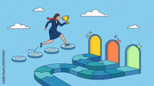 A determined businesswoman runs towards a trophy, symbolizing success and achievement, while navigating a path consisting of puzzle pieces, representing strategic decision-making.
