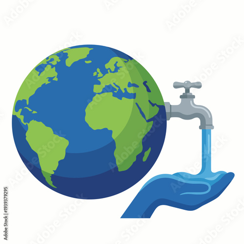 This image portrays a globe with a faucet representing global water access. It highlights the importance of sustainable water supply and environmental conservation.