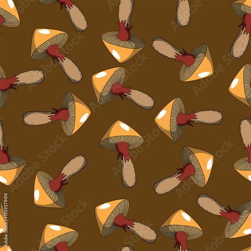 Seamless pattern with mushrooms. Hand drawn vector illustration. Vegan food menu. Poisonous and edible mushroom. Autumn mushroom picking, forest plant sketches.