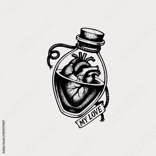 Anatomical Heart in Bottle with Rope Black and White Illustration