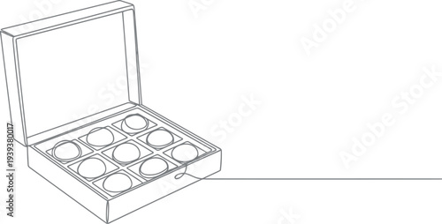 Hand drawn line art illustration of an open box of assorted chocolates