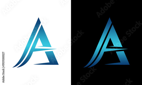 Stylized letter A logo design presented in dual contrasting backgrounds, showcasing sleek, modern typography