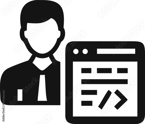 Professional person with a tie next to a web browser window displaying code symbols