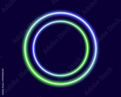 Glowing neon ring with glowing blue and green light effects, futuristic portal gateway, vibrant and LED illumination border, abstract vector frame composition.