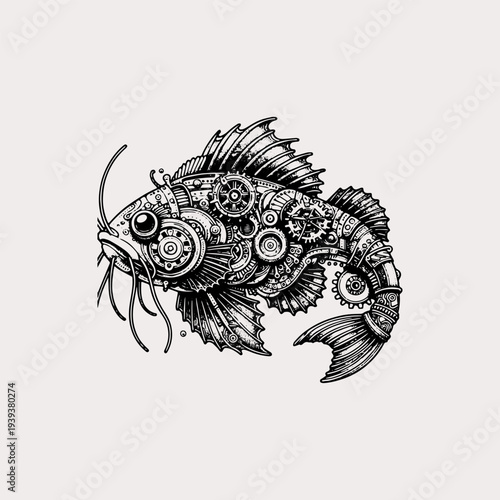 Steampunk catfish illustration with mechanical gears