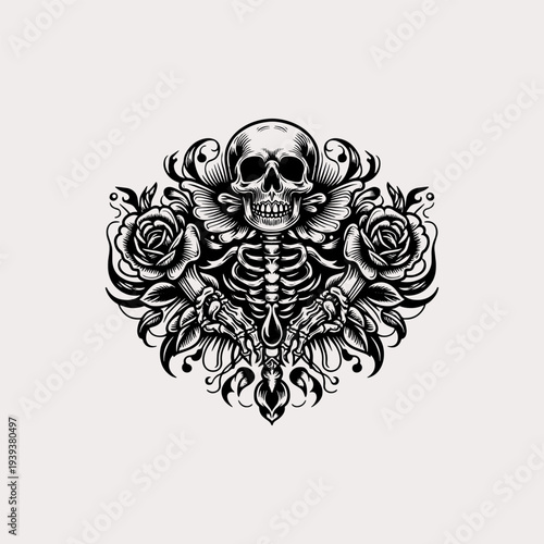 Skeleton torso with roses and ornate baroque filigree