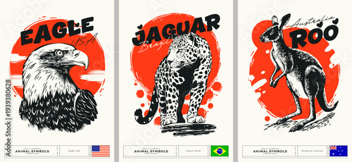 Bright retro posters in a vintage style with images of animals that symbolize countries. Dynamic creative prints with a bald eagle (USA), a jaguar (Brazil), and a kangaroo (Australia). Set 2