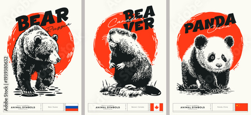 Bright retro posters in vintage style with images of animals - symbols of countries. Dynamic creative prints of a bear (Russia), a beaver (Canada), and a panda (China). Set 1