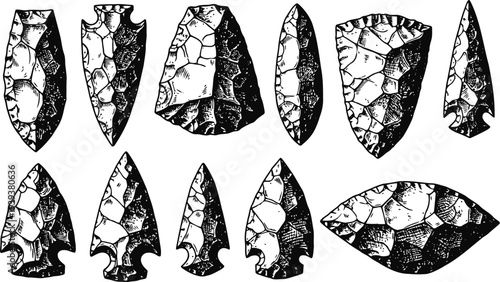 Collection of ancient stone arrowheads and tools displayed in a vintage illustration style