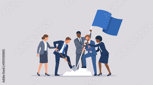 This image depicts a diverse group of professionals working together, holding a flag, representing teamwork, unity, and shared goals in a corporate environment.