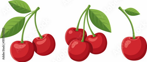A vibrant illustration showing fresh cherries attached to their green leaves, representing freshness, health, and the beauty of nature's produce.