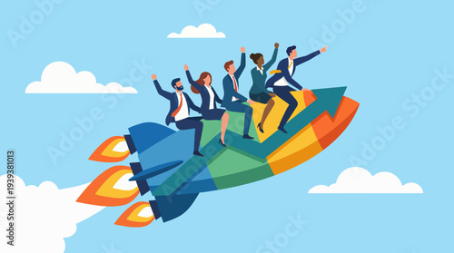 A vibrant illustration of a business team joyfully riding a colorful rocket, symbolizing teamwork, collaboration, excitement, and the drive toward shared goals and aspirations.