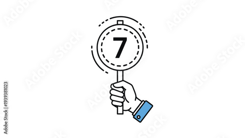Hand holding up a white circular score paddle with the number seven against a clean white background in flat design style.