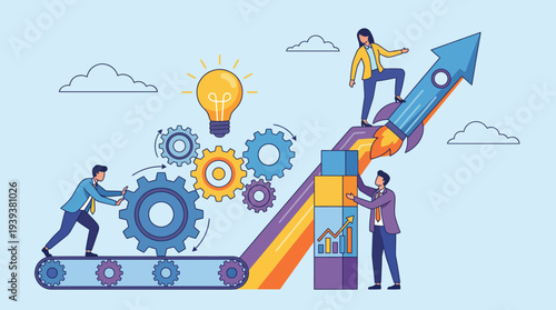An illustrative concept showcasing a team working collaboratively with gears and a rocket, highlighting the essence of teamwork, innovation, and the mechanics behind successful growth strategies.