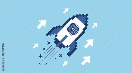 A pixel art depiction of a rocket soaring upwards with an AI label, representing innovation, technology, and futuristic advancements in the digital world and beyond.