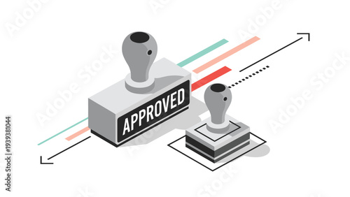 Large office stamp with the word approved sits next to another stamp on a platform representing legal verification and consent.