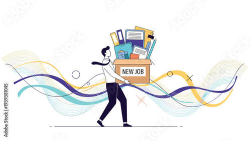 Businessman carries a cardboard box filled with office supplies labeled new job signifying career change and professional growth.