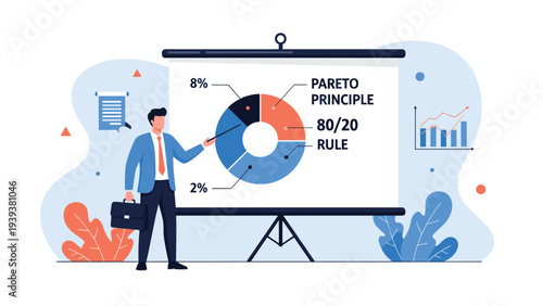 Professional man gives a presentation about the Pareto Principle eighty twenty rule using a pie chart on a white screen board.