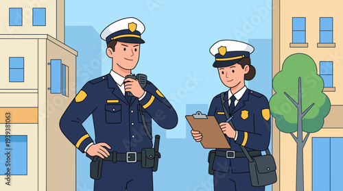 A friendly illustration of two police officers engaging in their duties in a city environment, portraying professionalism, community safety, and the importance of law enforcement in society.