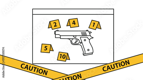 Black handgun placed inside a clear plastic forensic evidence bag at a crime scene with yellow caution tape and markers.