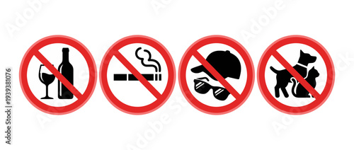 This image presents a series of prohibition signs, clearly stating no to smoking, drinking, and pets, focusing on creating a safe and healthy environment for all.