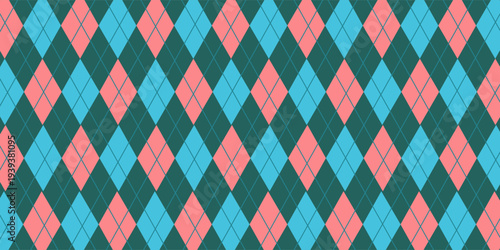 Seamless blue pink argyle pattern. Diamond shapes background.