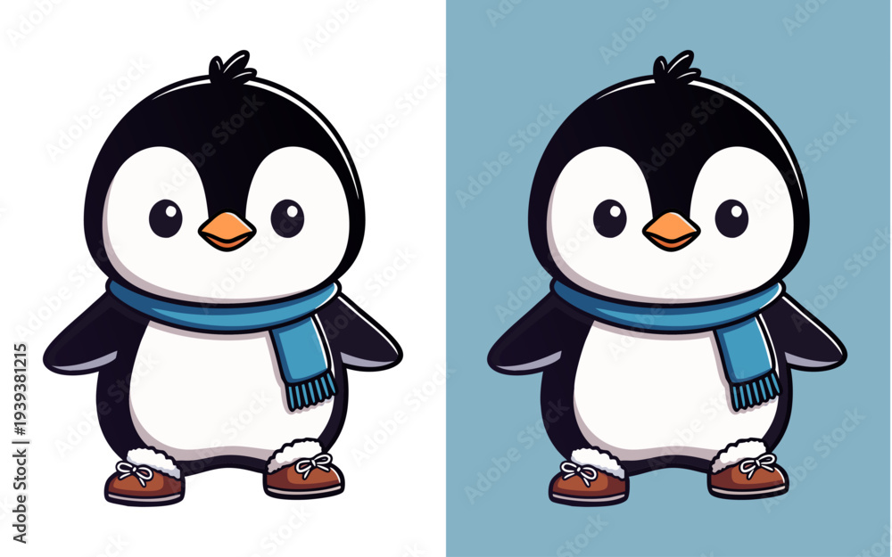 Fototapeta premium A delightful cartoon penguin, adorned with a cozy scarf and warm boots, exudes a sense of comfort and cheer.