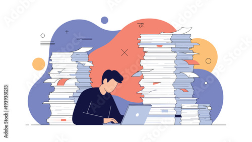 Stressed man works on his laptop computer while being overwhelmed by two massive stacks of white papers and files.