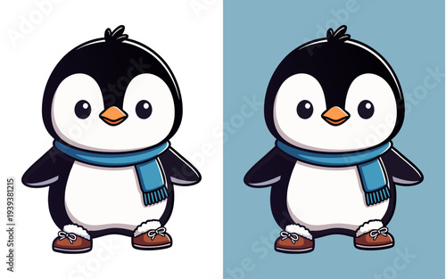 A delightful cartoon penguin, adorned with a cozy scarf and warm boots, exudes a sense of comfort and cheer.