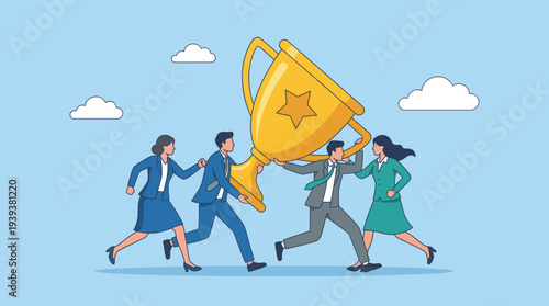 A group of professionals happily carrying a large trophy represents success, teamwork, and achievement, inspiring motivation and positivity in various fields.