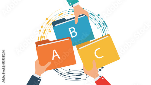 Three hands emerging from different directions hold colorful folders labeled A, B, and C arranged in a circle.