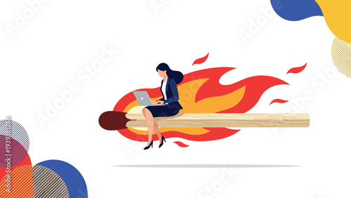 Focused businesswoman in a suit sits on a giant lit matchstick while working on her laptop representing high pressure.
