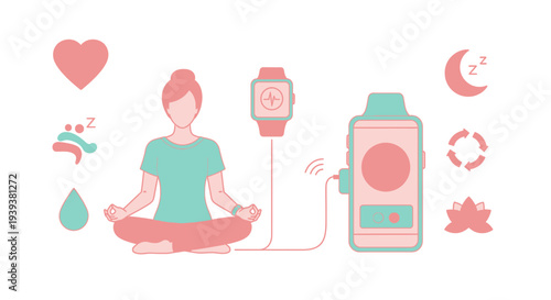 Illustration of a person meditating with a smartwatch connected to a smartphone, surrounded by health and wellness icons like heart, sleep, and hydration.
