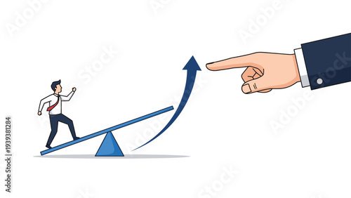 Enormous hand points an index finger at a businessman walking up a slanted blue board supported by a triangle.