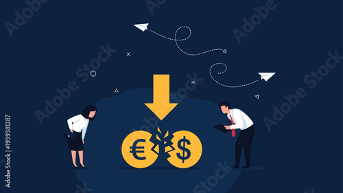 Man and woman in professional attire look down at a cracked gold coin featuring euro and dollar currency symbols.