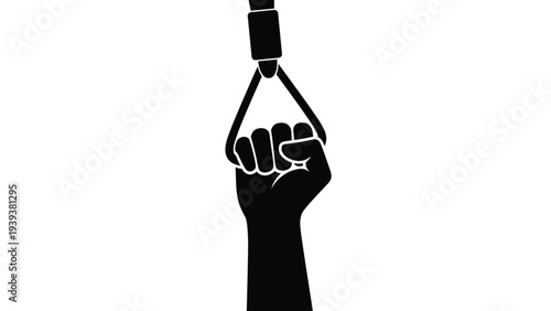 Strong black silhouette of a raised fist gripping a triangular handle or strap against a plain white background.