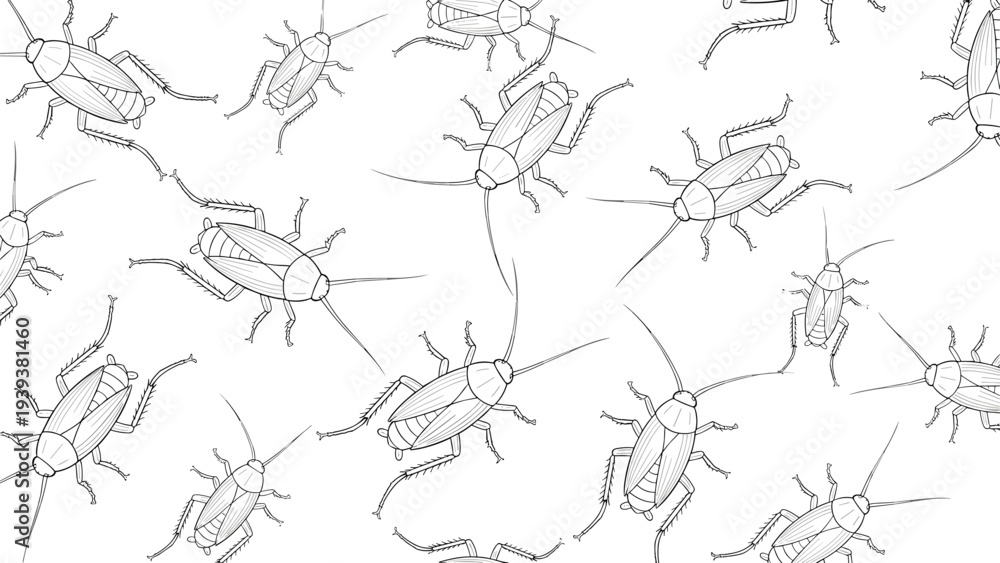 Fototapeta premium Infestation of cockroaches shown in a repetitive pattern on a plain white background for pest control concepts.