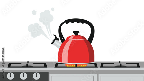 Red electric kettle boiling water on a kitchen gas stove with thick white steam rising from the spout in a home.